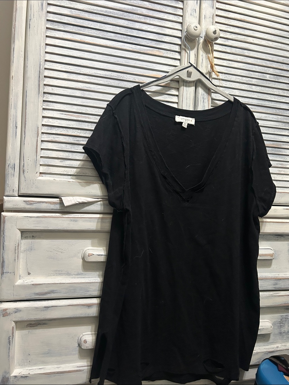 Umgee Black Distressed V-Neck Short Sleeve Tee - Relaxed Fit